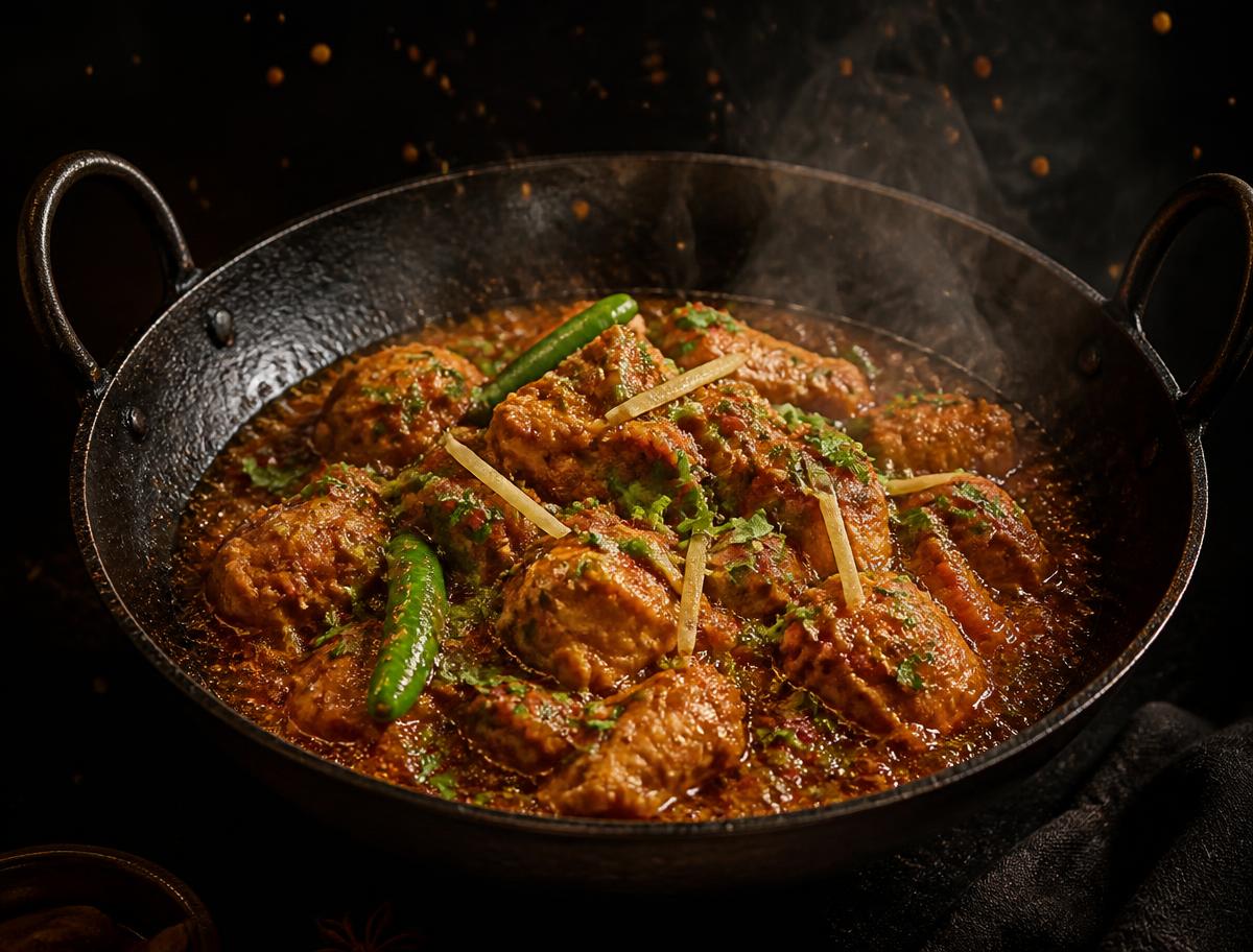 Legendary chicken karahi simmering in a traditional black karahi