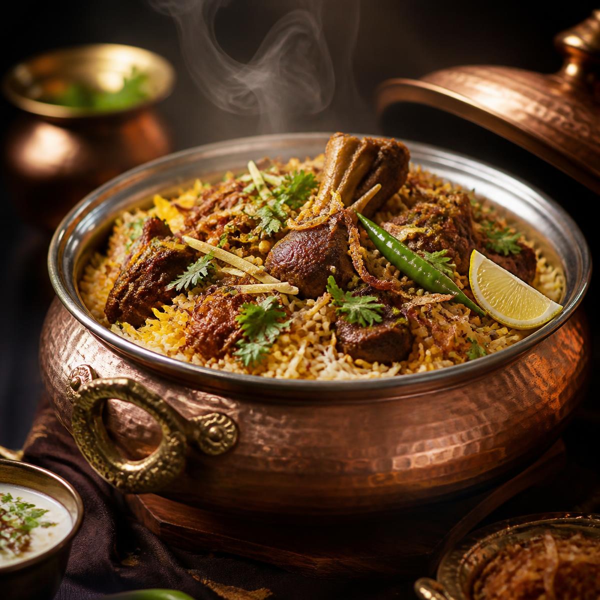 Steaming Pakistani mutton biryani served in a copper handi